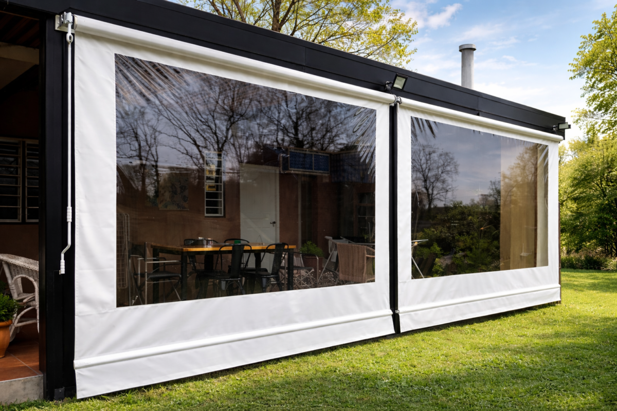 Cerramiento exterior con lona y PVC transparente para galería o quincho, protección contra viento y lluvia